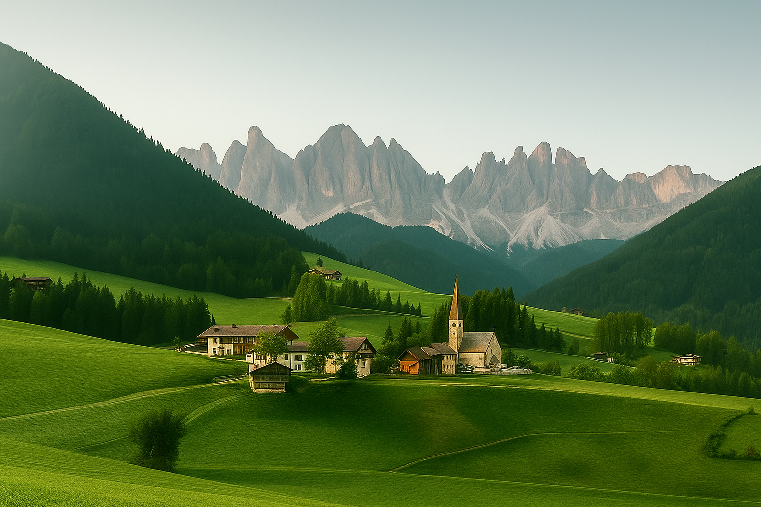 Alpine valley with village and mountains