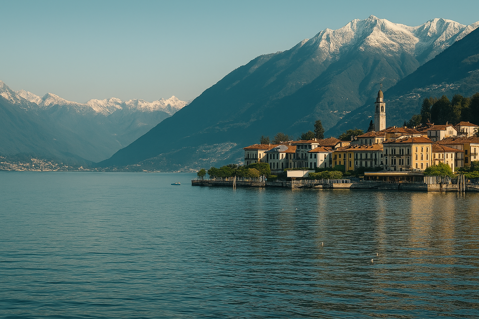 Lakeside village with mountains